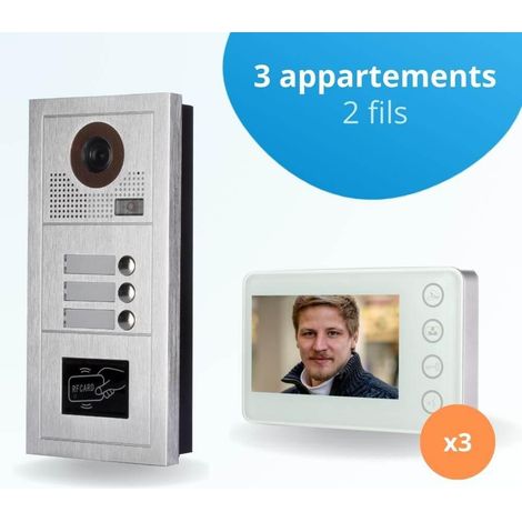 Portier interphone vidéo MODERN 2 Fils - 3 appartements - 3 écrans blancs - avec lecteur de badge (1/4)