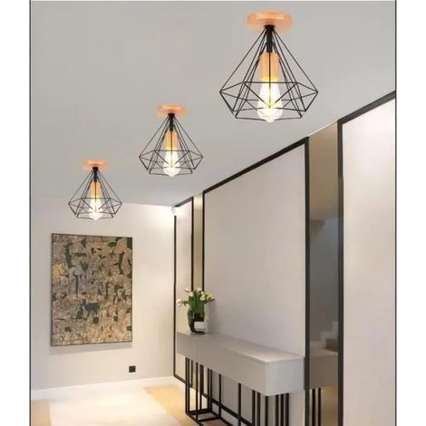 Lot de 3 Plafonnier Vintage Industriel Noir Lustre Plafonnier en Cage Diamant Fer Lampe de Plafonde Retro Style Edison pour (1/4)