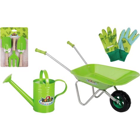 Kit petit jardinier accessoires pour enfant en métal Gants + petits outils + brouette + arrosoir (1/3)
