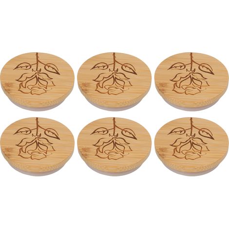 6 Couvercles en Bois Étanches pour Bocaux, Joints Silicone Motif Fleuri, Facile à Nettoyer, Accessoire de Stockage Alimentaire (1/5)