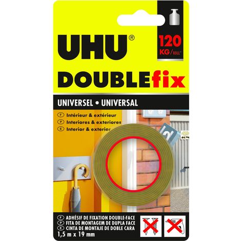 Ruban adhésif double face ultra fort – Résistance 120 kg – 1,50 m x 19 mm – Pour surfaces lisses et légèrement rugueuses – UHU
