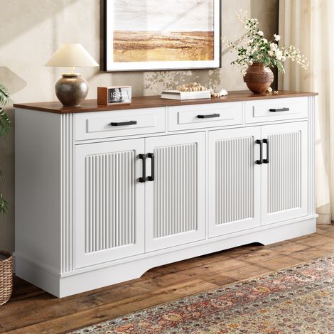 Buffet blanc de rangement avec 4 portes 3 tiroirs et étagères réglables meuble salon salle à manger en MDF 160x40x75 cm (1/5)