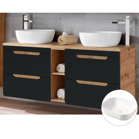 Doppel-Waschtischunterschrank 140 cm mit 2 Keramik-Aufsatzbecken NEW-LUTON seidenmatt anthrazit mit Wotan Eiche Nb. B/H/T ca. 141/76,5/46 cm (1/5)