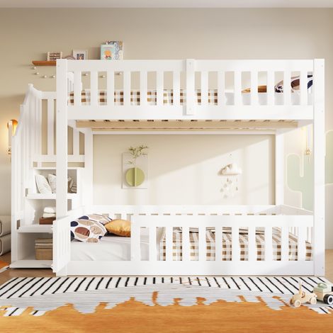 Lit superposé enfant 140x200 cm, 2 couchages, escalier avec rangement et main courante, garde-corps, lit bas avec petite porte, pin et MDF, blanc (1/5)
