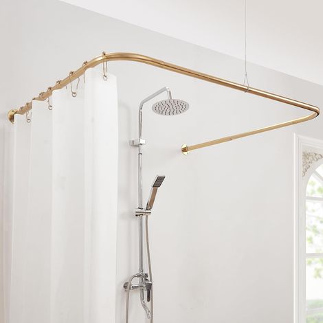 Barre de Douche Angulaire en Forme de U, Ajustable [Côtés: 61-132 cm, Centre: 79-119 cm], pour Baignoire, Douche et Extérieur avec 12 Crochets et Support de Plafond (1/5)