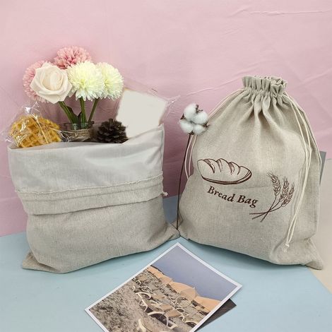 Sac À Pain Réutilisable - Lin Écru Avec Doublure Plastique Alimentaire - Pour Conservation De Pain Maison Et Levain - 38 x 28 cm - Lot De 2 (1/5)