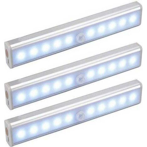 Pack de de 3 Lampes 10 LED, XU, Sans filaire, Rechargeable par USB, Aimanté, Détecteur de Mouvement, Transportable. Lumière de Placard, Baladeuse de Secours, Veilleuse Enfant, Appoint --Crezuo