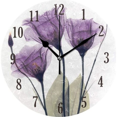 Horloge murale silencieuse ronde à piles avec fleurs violettes pour salon, cuisine, chambre à coucher (1/5)