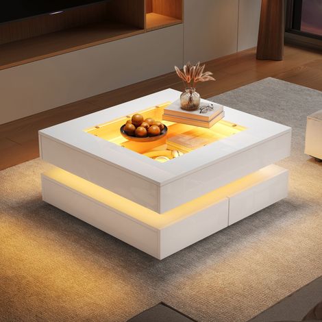 Table basse blanche 70 x 70 x 35 cm avec plateau verre, LED et 3 tiroirs. Design géométrique haute brillance (1/5)