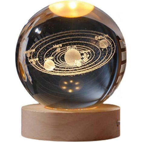 Veilleuse boule de cristal, planète du système solaire 3D de 60 mm avec base ronde en bois pour la décoration intérieure et l'éclairage nocturne (1/4)