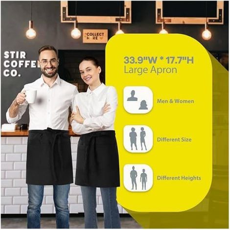 Tablier de serveuse et serveuse - 3 poches - Tour de taille 45 cm - Demi-tablier de bistro imperméable pour homme et femme - Noir (1/5)