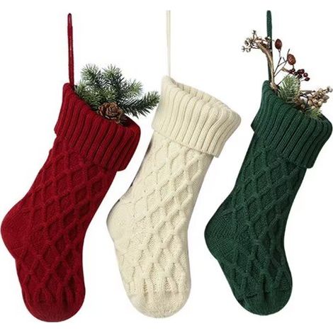 Lot de 3 chaussettes de Noël personnalisées de 37 cm, grandes chaussettes de Noël tricotées, bordeaux, vert, blanc