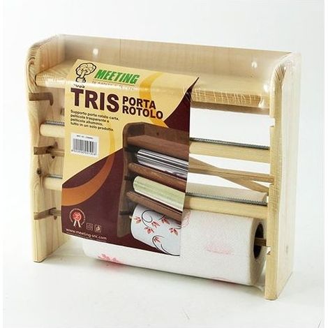 Support à rouleaux en bois mural 3 Naturel 33x9 cm H 29