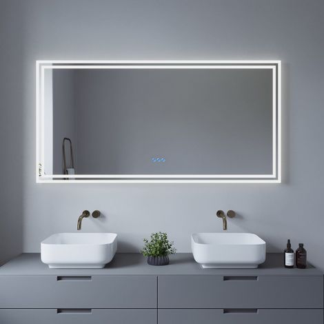 Badspiegel mit Beleuchtung Großer 140x70cm Anti-Beschlag LED Lichtspiegel Badezimmer Wandmontagespiegel mit Touch Schalter, kaltweiß & Warmweiß Licht Dimmbar, IP44 Wasserdicht, Energiesparend ESSENS-S