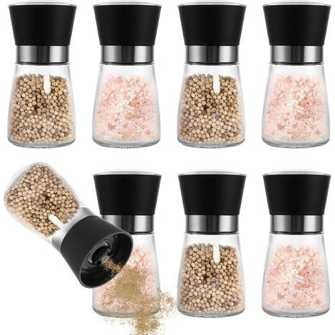 8-teiliges Set – Salzmühle, Pfeffermühle – Verstellbares Keramikmahlwerk – Gehäuse aus Glas und Edelstahl – Für Küche und Tisch – Transparent – 6,4 x 13,5 cm (1/5)