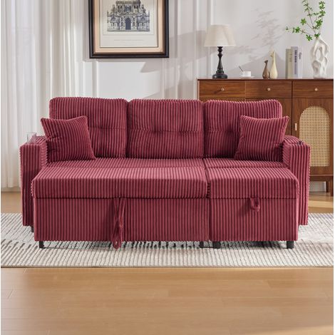 Canapé convertible 196x82x85 cm rouge bordeaux en velours côtelé avec rangement, USB-C, LED et porte-gobelets (1/5)