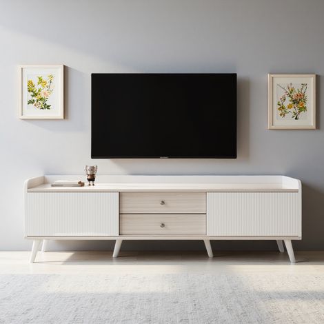 160 cm TV-Ständer mit zwei Schubladen und zwei Schiebetüren, TV-Bank mit Stauraum, Wohnzimmermöbel aus Holz – Weiß