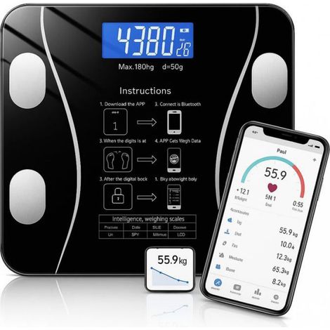 Balance connectée Bluetooth - - Poids et masse grasse - Suivi santé via application mobile - Écran LED (1/5)