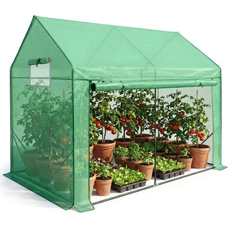 Invernadero de jardín tipo caseta con estructura de metal y cubierta de PE 1 puerta 2 ventanas Verde 200x140x200 cm (1/5)