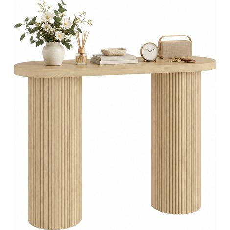 HOMCOM mesa consola moderna con almacenamiento oculto, 103 cm, mesa de recibidor estrecha con patas de columnas, diseño acanalado, roble (1/5)