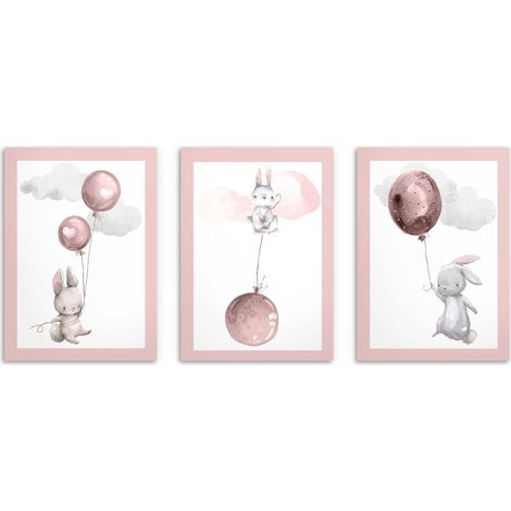 Posters pour enfants Set Ballons lapins roses Lot de 3 images 50x70 (1/5)