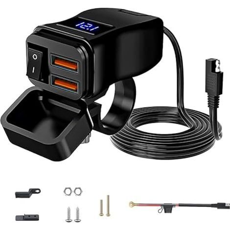 Prise USB Moto Etanche: Double Prise USB pour Moto QC3.0 Chargeur USB Moto avec Interrupteur et Voltmètre LED pour 12 V/24 V Moto Bateau ATV 12 V/24 V (1/5)