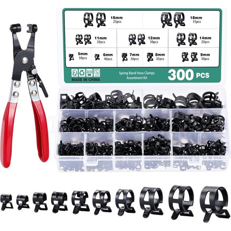 300 Pièces Colliers de Serrage à Ressort, Clips à Ressort Tuyau Serre-Joints à Tuyaux, 10 Tailles 5-18mm Colliers de Clip à Ressort, Colliers de Conduite de Carburant Tuyau avec une Pinces (1/5)