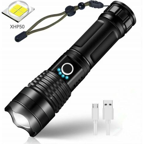 LED USB Rechargeable Ultra Puissante 3000 Lumens CREE XHP50 Lampe Torche, 5 Modes IP65 Étanche Militaire Zoomable pour Camping Randonnée(Pile Rechargeable Incluse)