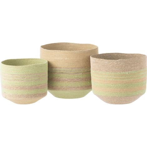 Set de 3 paniers rayés en fibres naturelles - naturel et vert (1/3)