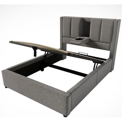 Cama 90x200 cm con canapé hidráulico, portavasos, estación de carga y colchón, gris (1/5)
