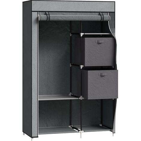 Armoire en tissu, pliable, avec tiroirs et tringle, gris foncé avec fermeture éclair, en tissu non tissé pour un rangement peu encombrant.