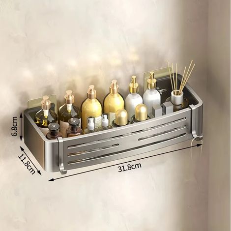 Étagère murale carrée sans perçage pour salle de bain, support de rangement en alliage d'aluminium pour shampoing, maquillage et accessoires de cuisine. (1/5)