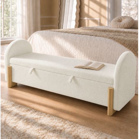 Panca letto 186x47x61 cm con spazio contenitore idraulico, chiusura rallentata, bouclé, legno, bianco (1/5)