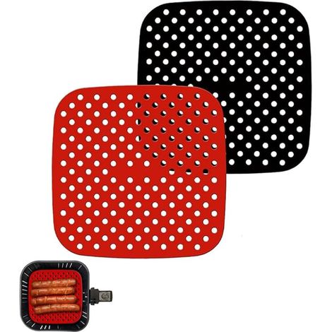 Silicone Mats, Hot Air Fryer, Pack of 2, Red & Black, Reusable Accessories, Airfryer, Non-Stick & Heat Resistant, Perforated Silicone Baking Paper, Dishwasher Safe, BPA-Free