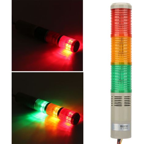 Feu de signalisation LED 220VAC pour machine outil, voyant d'alerte clignotant 3 couleurs, modèle BEM-50-3K-D, support alu allongé 310x50mm, bip, 1 pièce (1/5)
