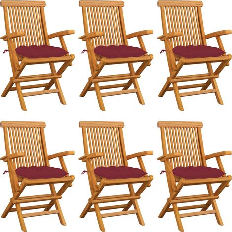 Lot de 6 Chaises de jardin avec coussins rouge bordeaux - Chaise d'extérieur pour terrasse/jardin Teck massif BV718196 - BonneVie (1/5)