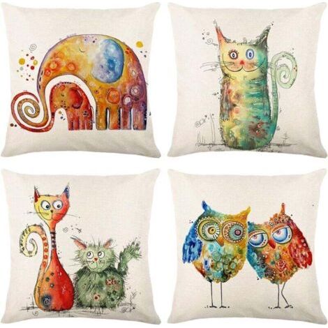 QORVA-Lot de 4 Housse de Coussin, Housse Coussin 45x45 Housses de Coussin Taie d'oreiller Décoratif Canapé pour Chambre, Canapé, Chaise, Lit,Jardin (Animaux-Lin) (1/4)