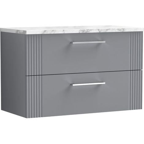Belvide Partial Fluted 2 Drawer Wall Hung Vanity Unit with Carrera Marble Laminate Worktop - 800mm - Satin Grey