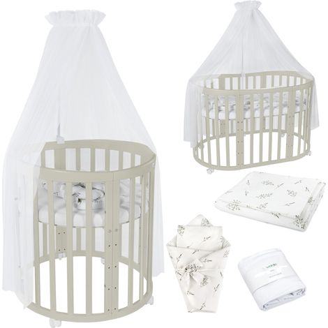 Waldin cuna ovalada 7 en 1 con colchón, ruedas y estante, juego de textiles ramas blancas, madera oliva