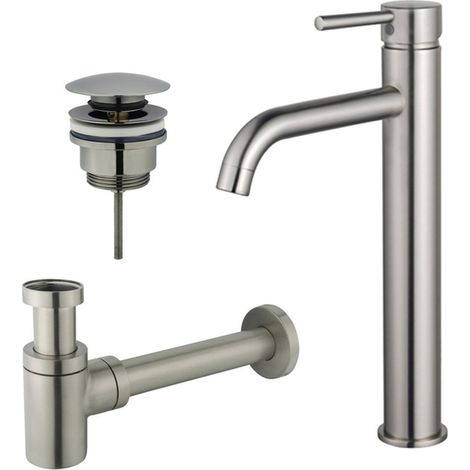 FugaFlow Eccelente Sobrado Kit mitigeur lavabo - robinet rehaussé - bonde clic clac - siphon design bas - PVD Inox brossé (1/4)