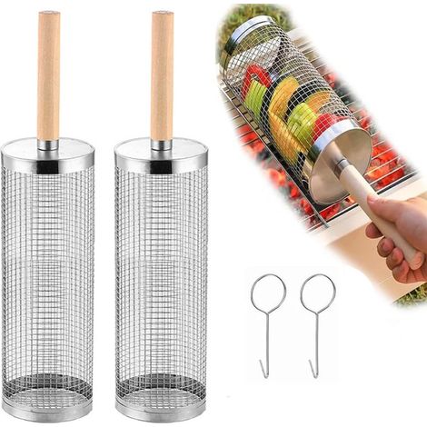 Panier à griller à roulettes (lot de 2) Acier inoxydable, poignée en bois amovible, accessoire barbecue pour légumes et fumoir, pour grillades et camping (1/5)