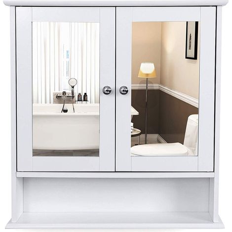 Armoire Murale Salle de Bain, Placard de Rangement Toilettes, avec 2 Portes et Miroirs, 3 Niveaux, Étagères à Hauteur Réglable, 56 x 13 x 58 cm, Blanc (1/5)
