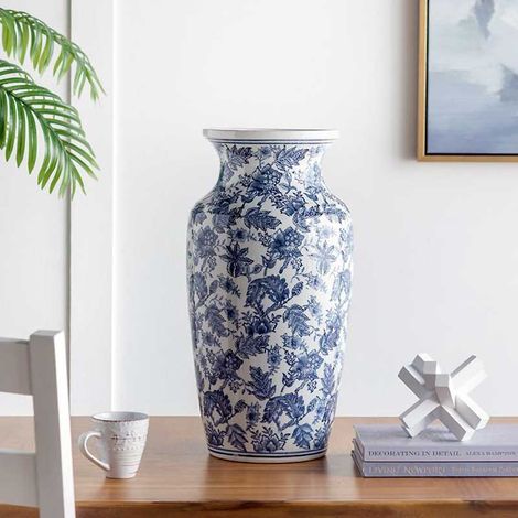 Grand vase céramique floral blanc et bleu 30x30x61cm (1/2)