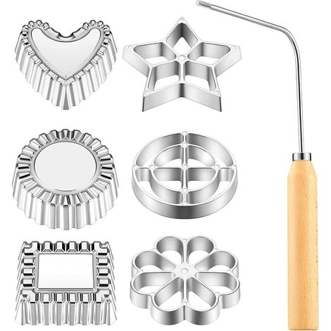 Rosette - Timbale - Moule à Bunuelos - Poêle à Gâteau en Entonnoir - En Aluminium Moulé - Poignée en Bois - 7 Pièces