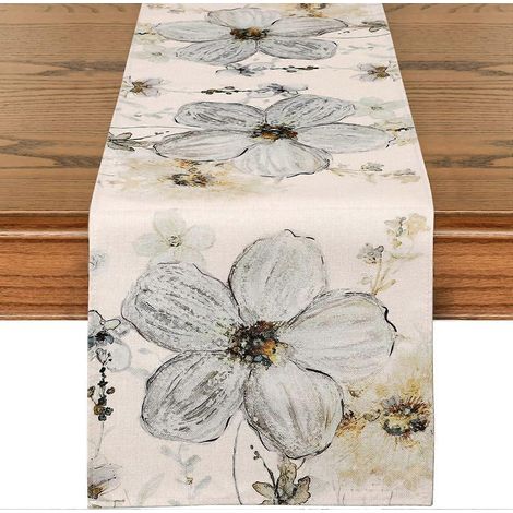 Chemin de table beige à fleurs 33 x 183 cm, lavable, motif floral, style moderne et décoratif pour l'été, idéal pour la salle à manger, la cuisine ou une maison de campagne. (1/5)