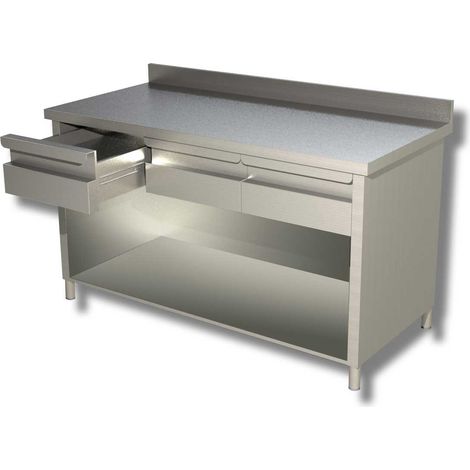 Table sur armoire ouverte avec 1 etagere et 2 tiroirs et dosseret Gamme 600 - Ristopro