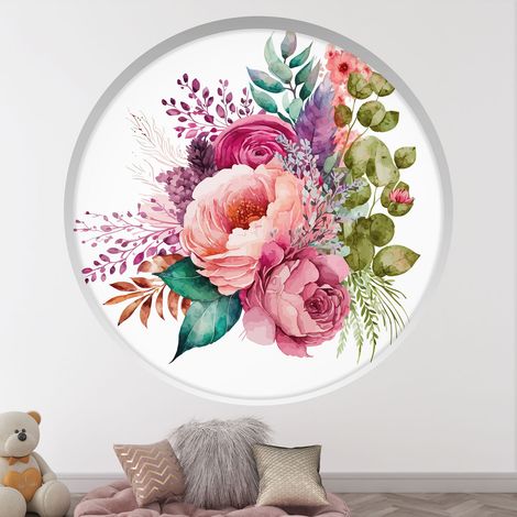 Stickers Trompe l'oeil Arche ronde Enfants - Bouquet de fleurs - Diamètre 30 cm (1/4)