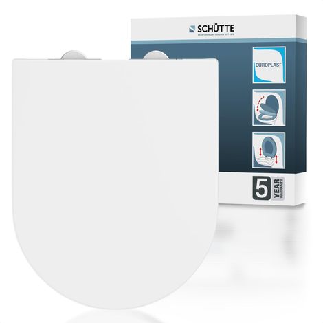 Sedile WC a forma di D con abbassamento automatico, coperchio rimovibile in Duroplast infrangibile, innovativo montaggio fai da te con stencil, coperchio WC e occhiali portata fino a 200 kg, bianco (1/5)