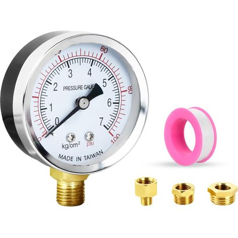 manomètre de pompe de puits 60mm, BSP 1/4 "0-7 Bar(0-100 PSI), avec 2 adaptateur en laiton de 1/4" à 3/8 ", 1/4" à 1/2 ", une bande de polytétrafluoroéthylène (1/5)