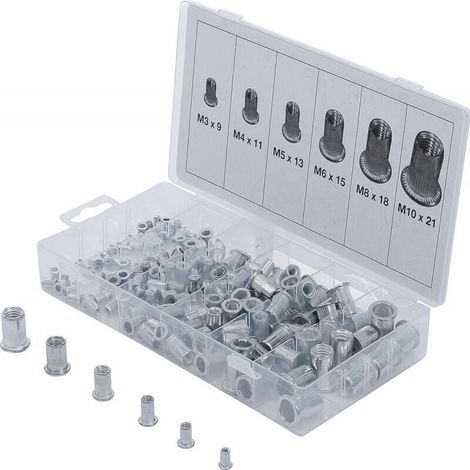 Coffret assortiment de 150 inserts filetes aluminium de 3 à 10 mm